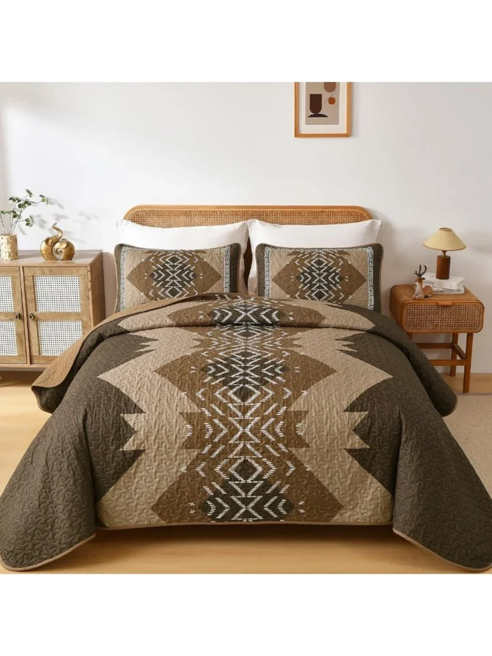 Reversible Bohemian Queen Quilt Set - Dark Brown Aztec Design, Cozy Bedding